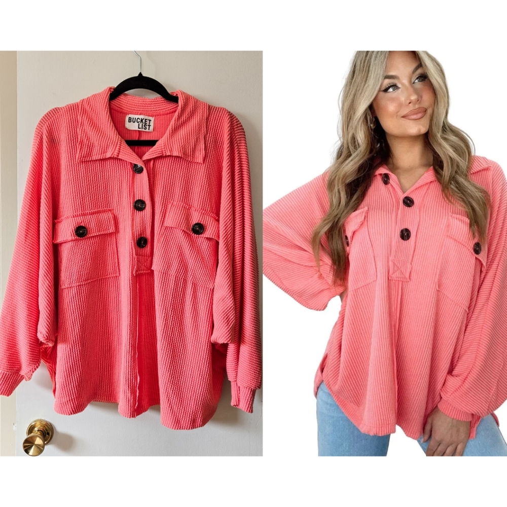 Watermelon Bright Pink Corded Ribbed Flap Pocket Henley Top Soft Stretchy Shirt